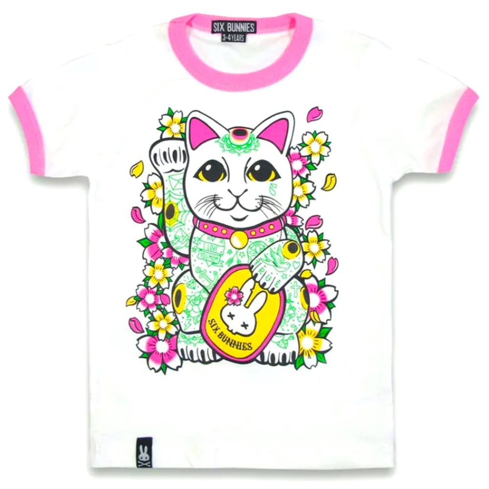 Lucky Cat Kids Tee Maneki Neko Toddler Girl Shirt Kitty White Pink 3-4 Years NWT